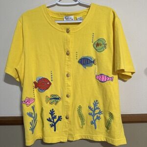Sportelle Women's Cotton Button Up Yellow Shirt  Fish Embroidered Size L